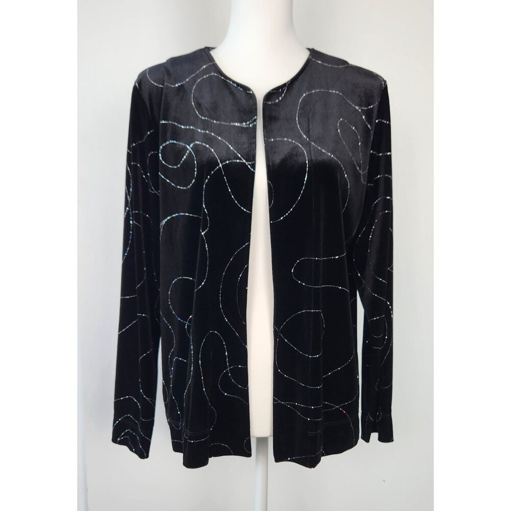 Chicos Stretchy Black Velvet Open Cardigan With Silver Thread Design, Large
